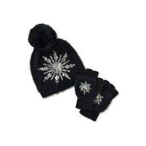 Holiday Time Women's Black Stylish Sequined Snowflake Hat and Gloves Set 2-Piece